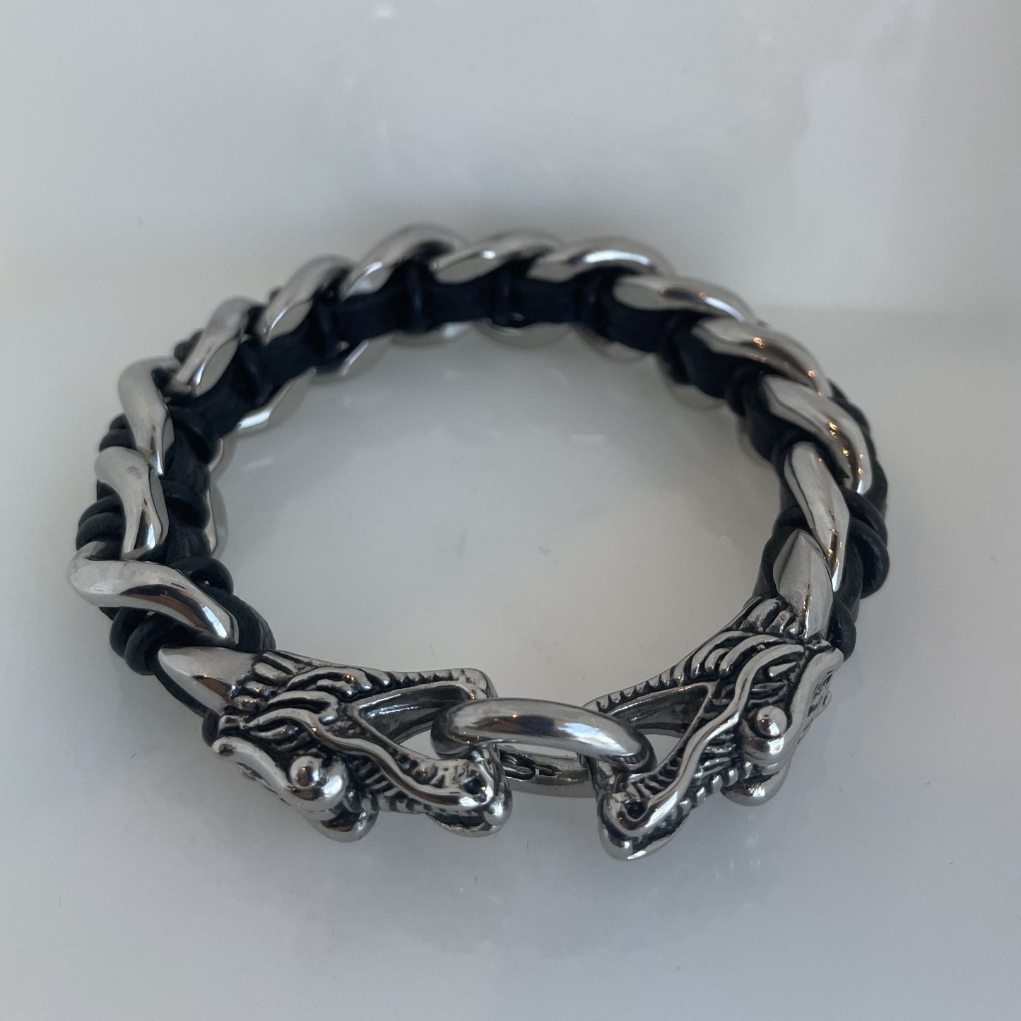 Dragon Head Leather & Silver bracelet